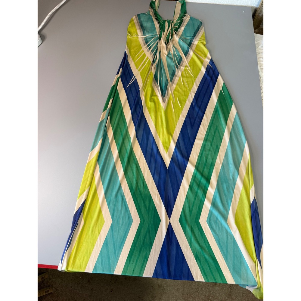 Fresh of LA Womens Halter Maxi Dress Green Blue Chevron Geometric Large KD3486